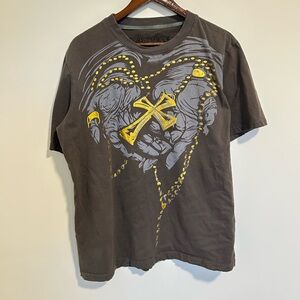 Affliction Charcoal Tee with Gold Cross Design